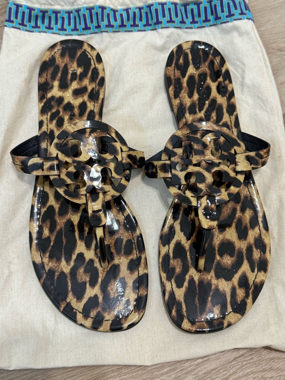 Tory Burch Leopard-Print Patent Logo Toe-Post Sandals